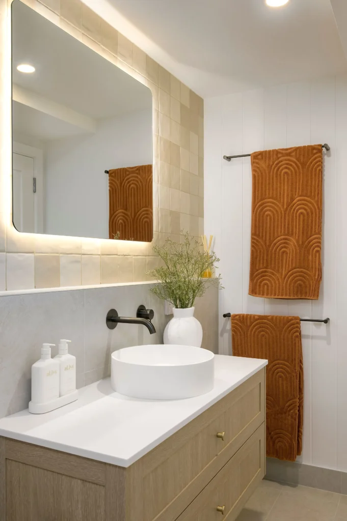 A modern bathroom with a white vessel sink on a wooden vanity, complemented by beige tiles, a large backlit mirror, orange towels, and a vase with greenery.